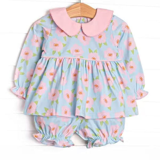 (Custom Design Preorder MOQ 5) Pink Flowers Blue Print Baby Girls Doll Collar Shorts Outfits