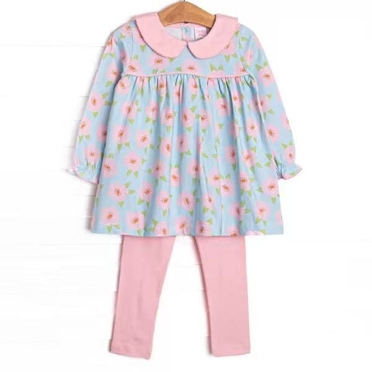 (Custom Design Preorder MOQ 5) Flowers Blue Tunic Top Pink Legging Pants Girls Doll Collar Clothes Set