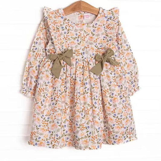 (Custom Design Preorder MOQ 5) Small Orange Flowers Print Girls Fall Long Sleeve Dress