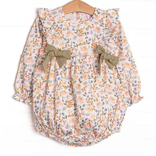 (Custom Design Preorder MOQ 5 ) Small Orange Flowers Print Baby Girls Fall Ruffle Romper