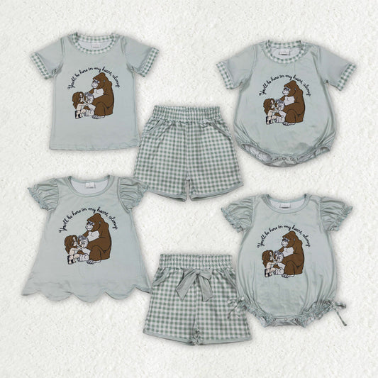 Sibling Baby Boys Girls Cartoon Monkey Top Checked Pockets Short Clothes Set Rompers