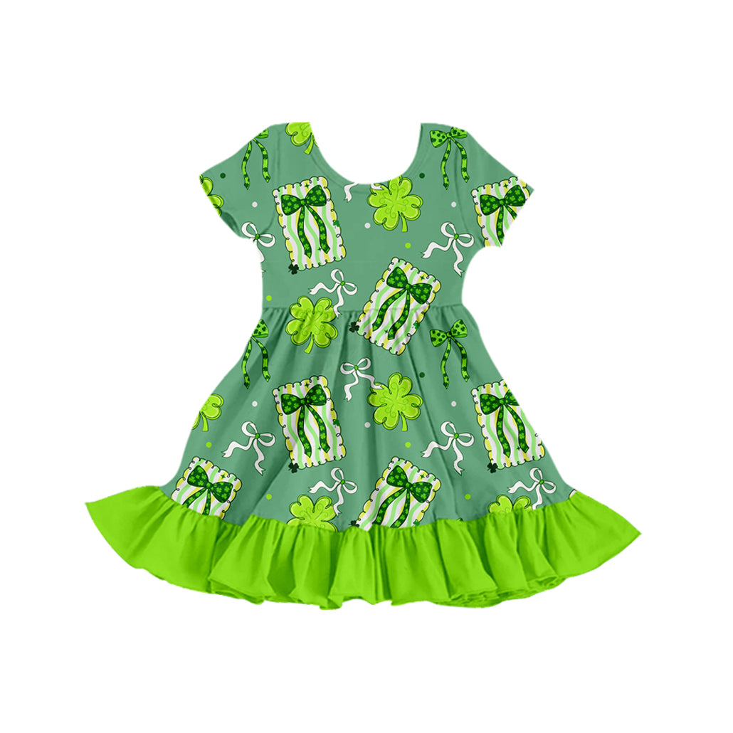 (Custom Design Preorder MOQ 5) 4 Leaf Clover Bows Print Girls Knee Length Ruffle Dress Sisters Wear