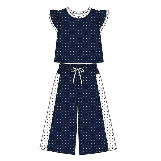 (Custom Design Preorder MOQ 5) Teams Navy White Top Dots Straight Pants Girls Clothes Set