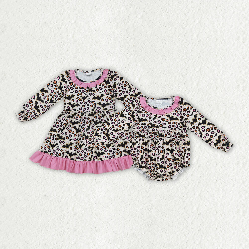 Sibling Baby Girls  Bats Leopard Halloween Dress Romper