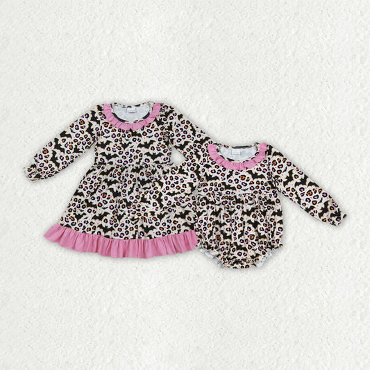 Sibling Baby Girls  Bats Leopard Halloween Dress Romper