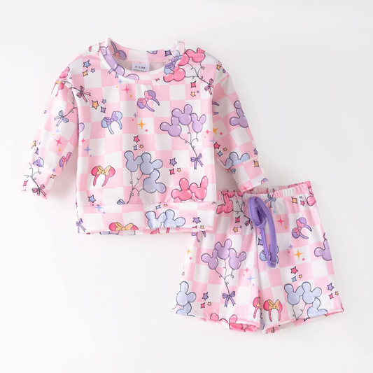 (Custom Design Preorder MOQ 5) Cartoon Mouse Long Sleeve Top Shorts Girls Summer Outfits