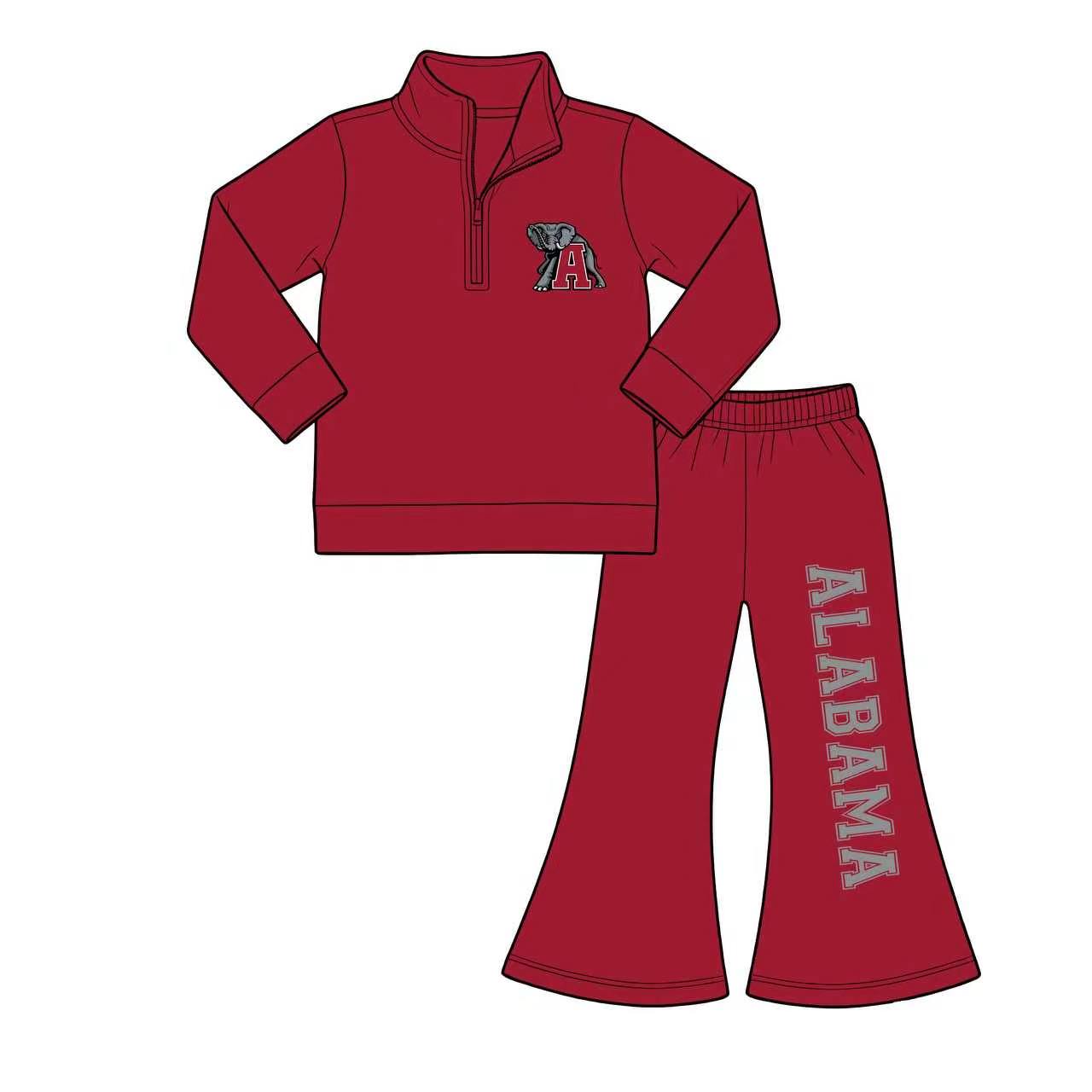 (Custom Design Preorder MOQ 5) Teams Alabama Wine Zipper Pullover Top Bell Pants Girls Fall Clothes Set
