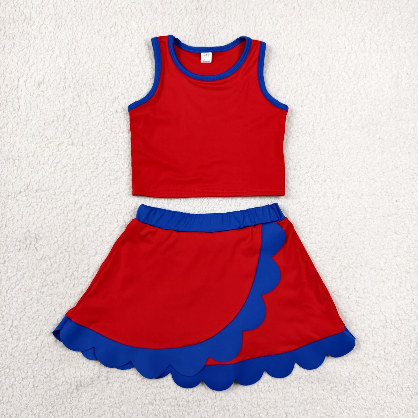 GSD4097 Red Sleeveless Tank Top Blue Scallop Edge Skort Girls Summer Yoga Clothes Set