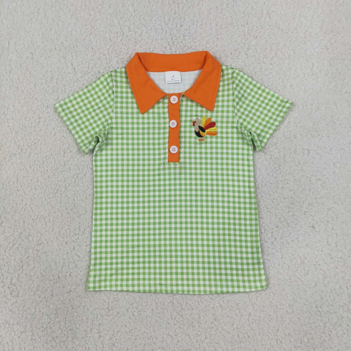 BT1889 Baby Boys Thankgiving Turkey Green Gingham Short Sleeve Polo Top