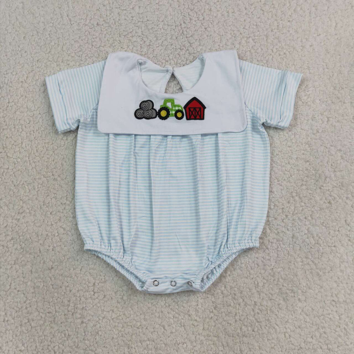 SR4075 Farm Tractors Embroidery Blue Stripes Baby Boys Short Sleeve Romper