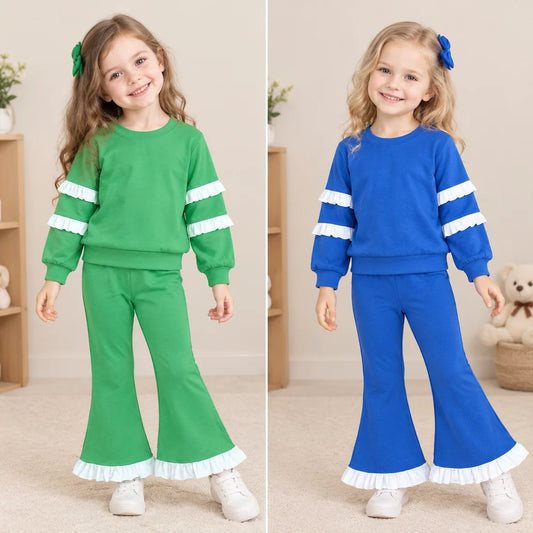 Sibling  Baby Girls  Cotton  Long Sleeve Top Bell Bottom Pants Outfit with White Ruffle
