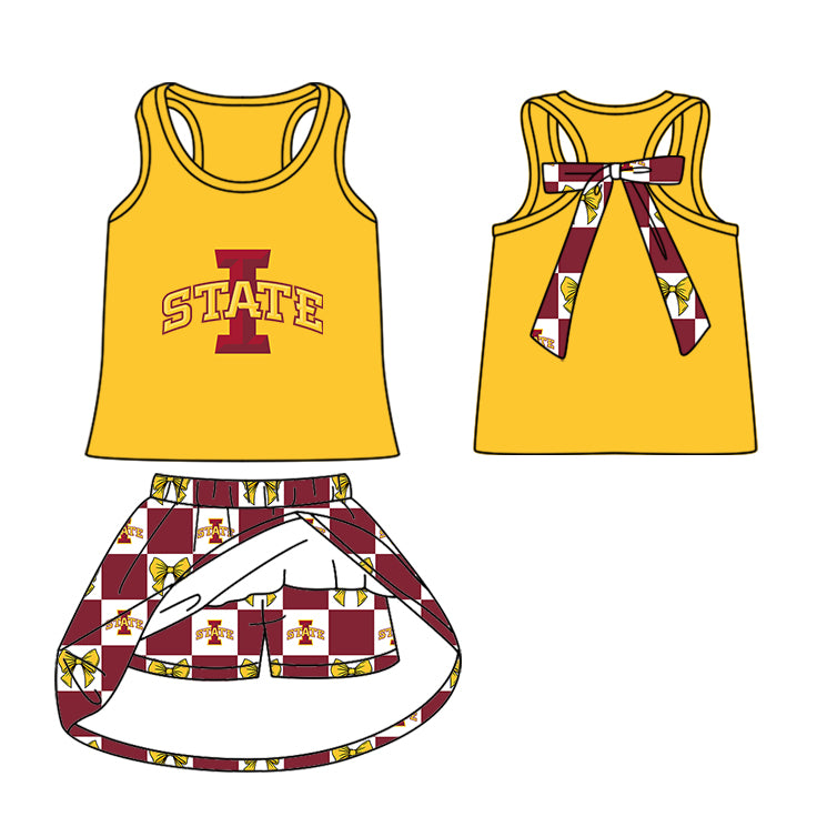 (Custom Design Preorder MOQ 5 Each Item) Teams Iowa State Cyclones Bows Wine Plaid Print Kids Clothes Sibling & Family Matching Styles