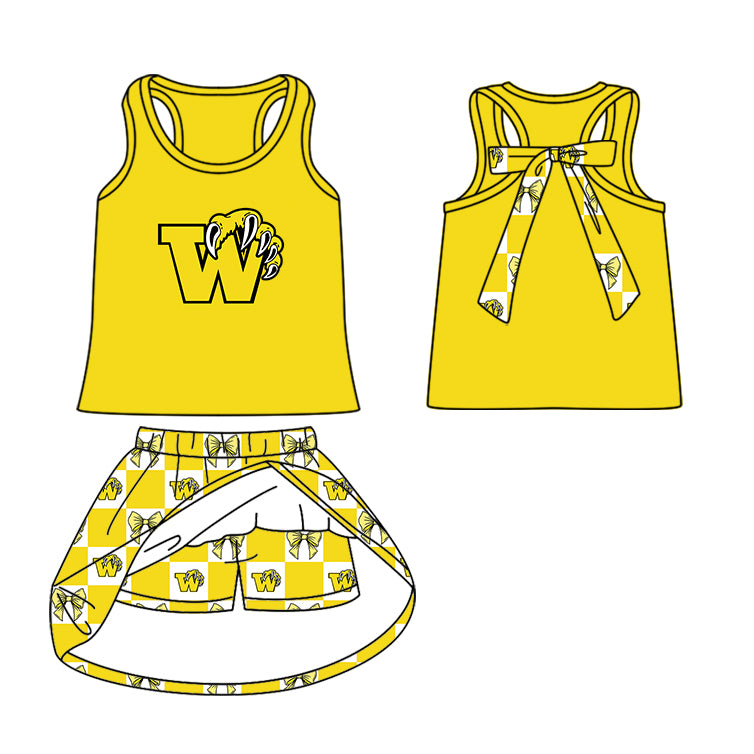 (Custom Design Preorder MOQ 5 Each Item) Teams Winona Wildcats Bows Yellow Plaid Print Kids Clothes Sibling & Family Matching Styles
