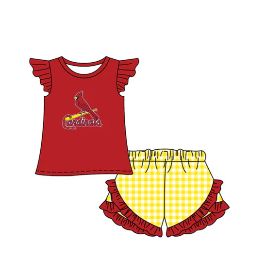(Custom  Preorder MOQ 5) Baby Girls Cardinals Top Checked  Ruffle Short Team Outfit