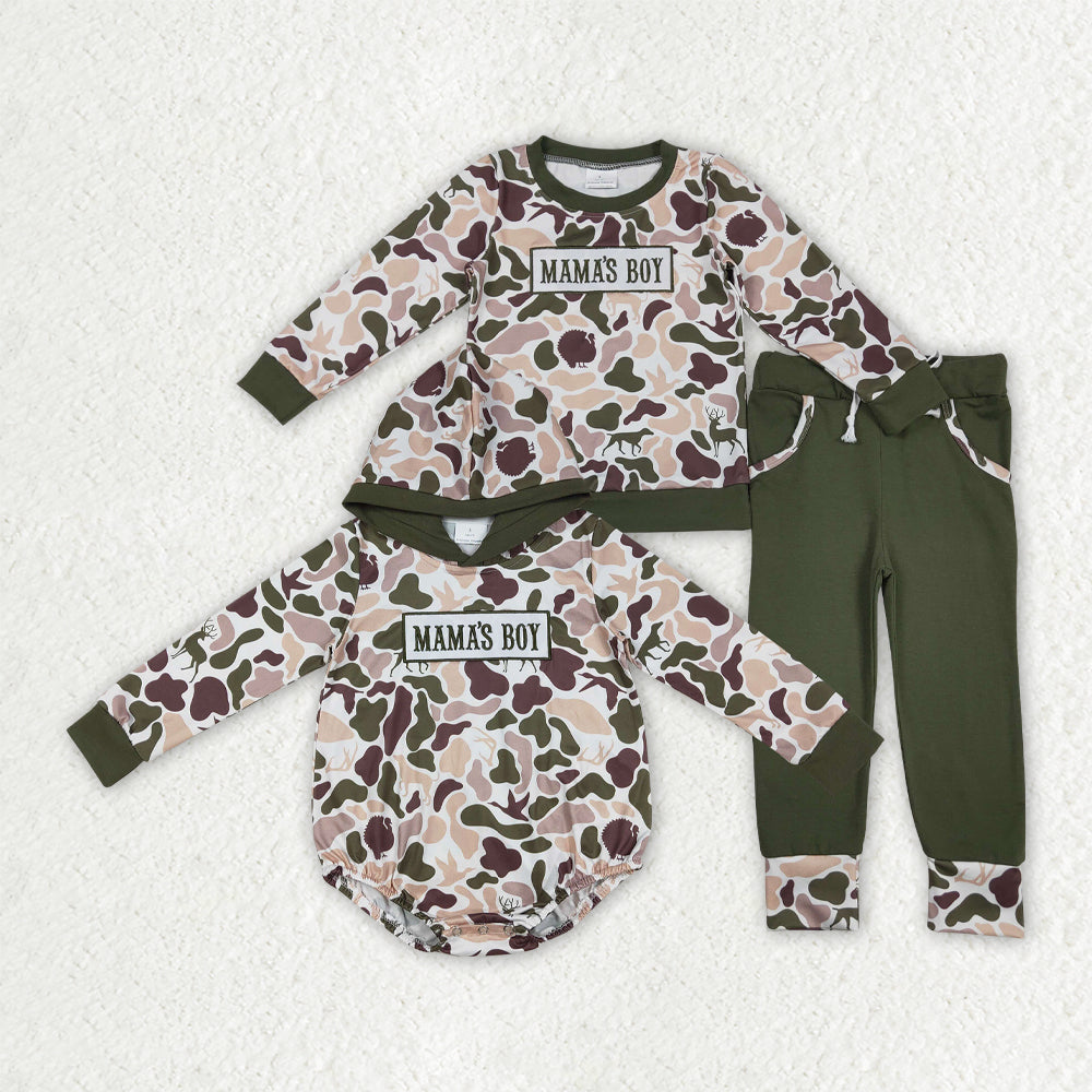 Sibling Baby Boys Embroidery Mama's Boy Dog Ducks Deer Camo Pockets Pant Clothes Sets Hoodie Romper