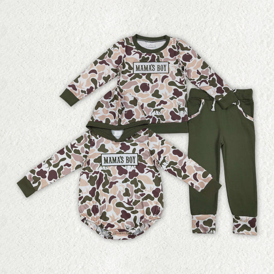 Sibling Baby Boys Embroidery Mama's Boy Dog Ducks Deer Camo Pockets Pant Clothes Sets Hoodie Romper