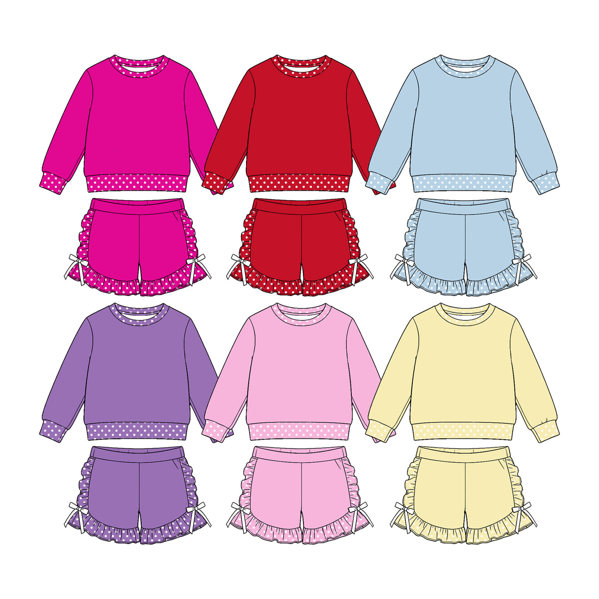 (Custom Design Preorder MOQ 5 Each)Girls Polka Dot Ruffle Hem Shorts Matching Long Sleeve Top Two Piece Set Sisters Wear