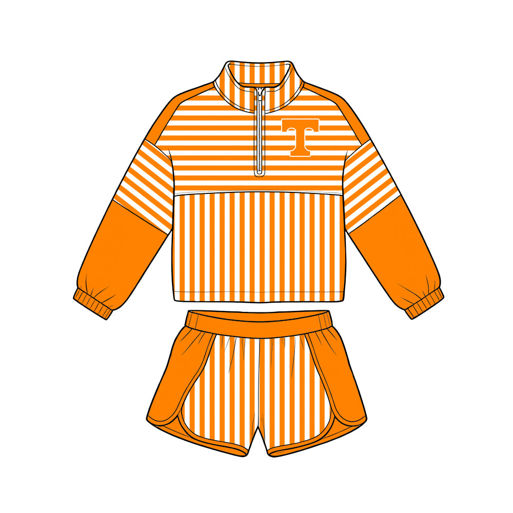 (Custom Design Preorder MOQ 5 Each)Teams Logo Stripes Print Long Sleeve Zipper Top Shorts Girls Clothes Set Sisters Wear