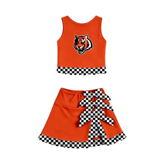 Preorder (moq 5) Girls Tiger Mascot Black White Checker Ruffle Tank Top & Multi Bow Skort Game Day Outfit