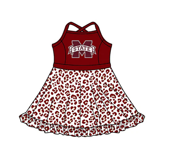 (Custom  Preorder MOQ 5) Baby Girls Strap Leopard M State Team Knee Length Dress
