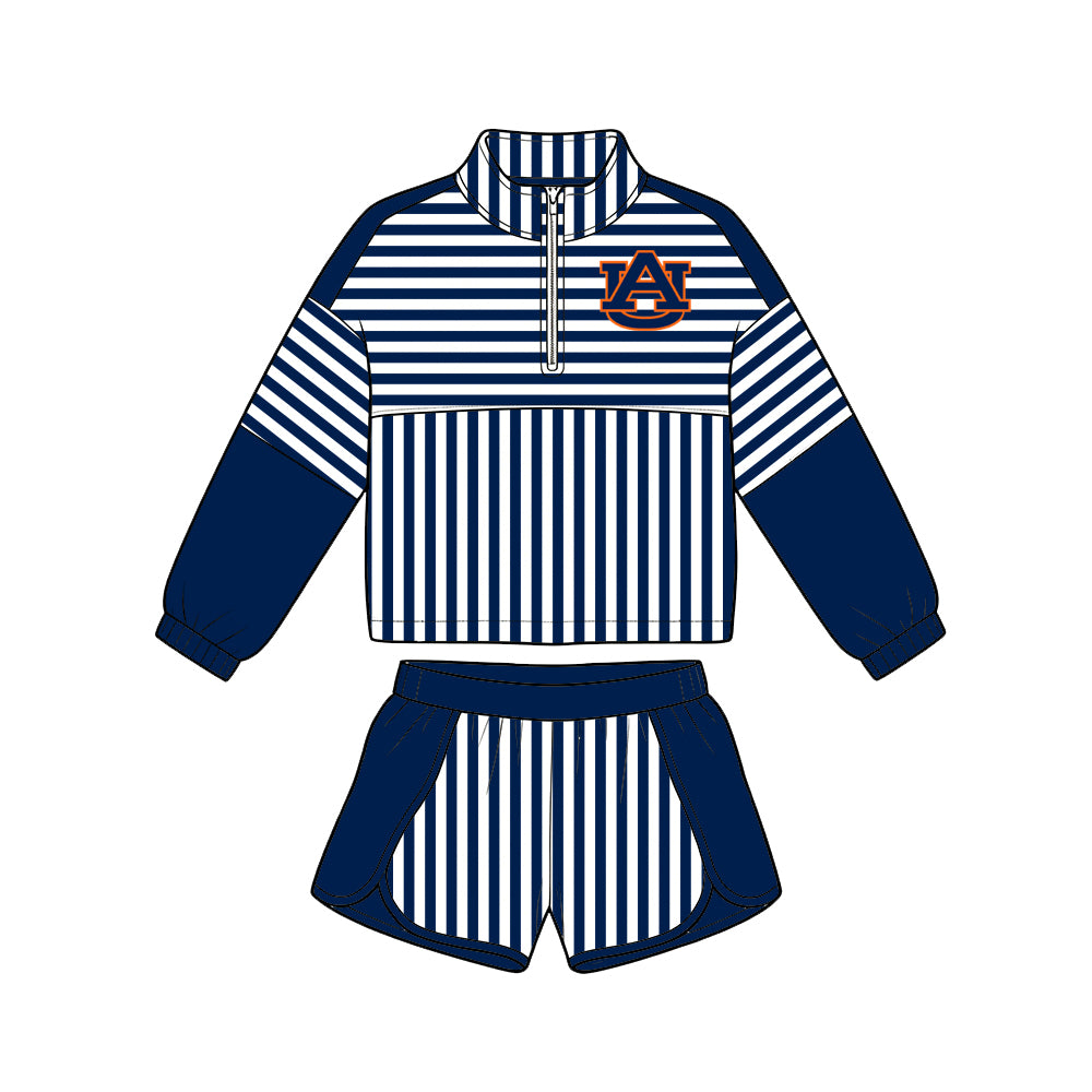(Custom Design Preorder MOQ 5 Each)Teams Logo Stripes Print Long Sleeve Zipper Top Shorts Girls Clothes Set Sisters Wear