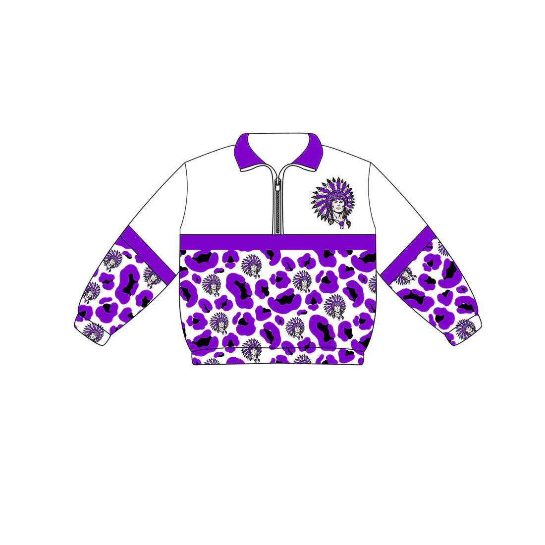 (Custom  Preorder MOQ 5) Baby Boys Long Sleeve Purple Leopard Vikings Team Zip Pullovers Tops