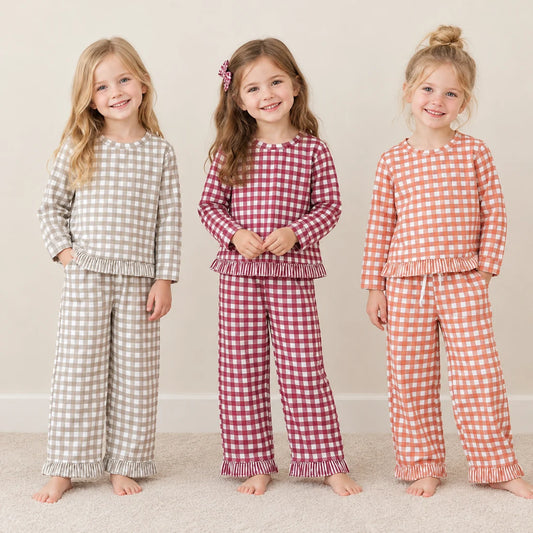 Sibling Kids Girls Gingham Long Sleeve Top with Pants Outfit with Ruffle