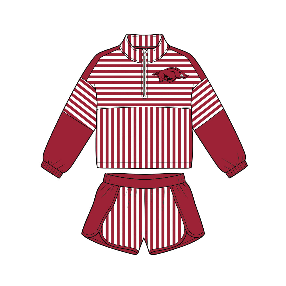 (Custom Design Preorder MOQ 5 Each)Teams Logo Stripes Print Long Sleeve Zipper Top Shorts Girls Clothes Set Sisters Wear