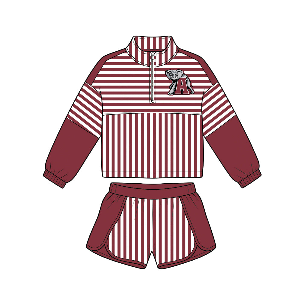 (Custom Design Preorder MOQ 5 Each)Teams Logo Stripes Print Long Sleeve Zipper Top Shorts Girls Clothes Set Sisters Wear