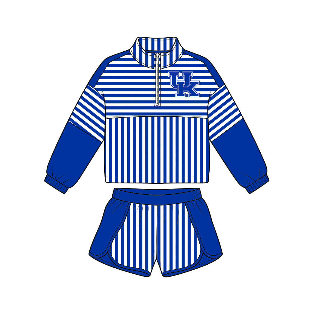 (Custom Design Preorder MOQ 5 Each)Teams Logo Stripes Print Long Sleeve Zipper Top Shorts Girls Clothes Set Sisters Wear