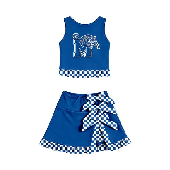 Preorder (moq 5) Girls Memphis Tigers Blue White Checker Ruffle Tank Top & Multi Bow Skort Game Day Outfit
