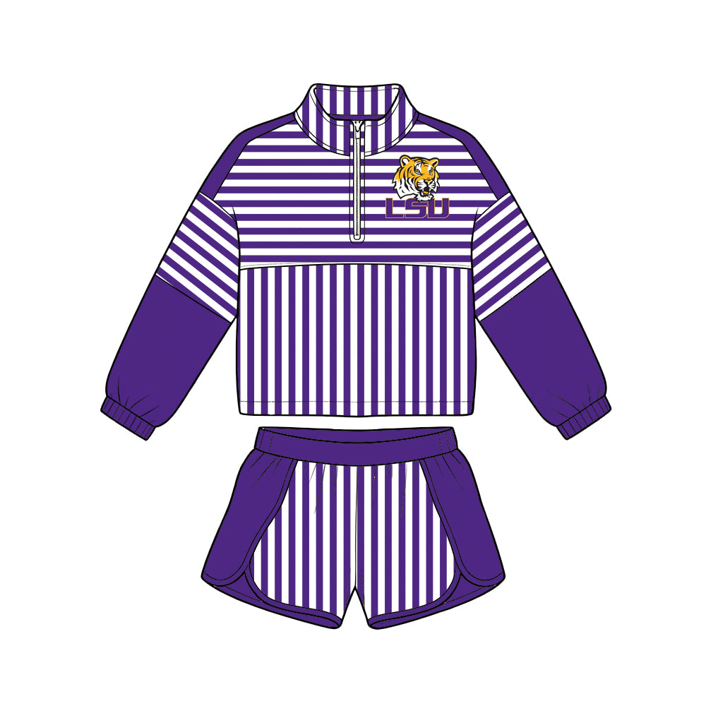 (Custom Design Preorder MOQ 5 Each)Teams Logo Stripes Print Long Sleeve Zipper Top Shorts Girls Clothes Set Sisters Wear