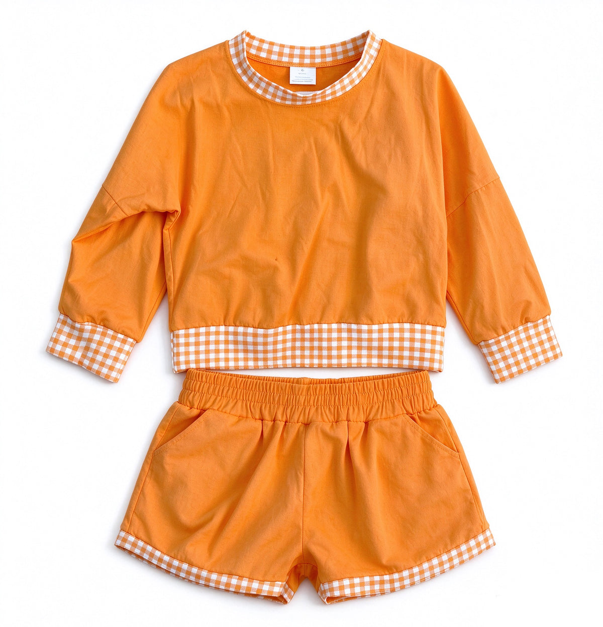 Preorder 5 MOQ each Kids Girls Long Sleeve Gingham Trim Top Shorts Outfit