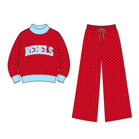 (Custom  Preorder MOQ 5) Teams Rebels Polka Dot  Mock Necks Top Pockets Pants Girls Clothes Set