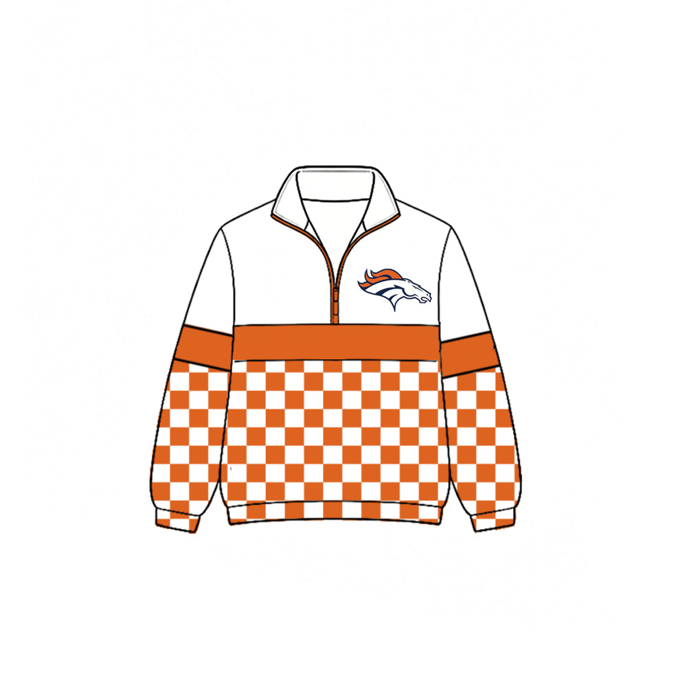 (Custom Design Preorder MOQ 5)  Teams Denver Broncos Plaid Print Kids & Adult Long Sleeve Zipper Pullover Jacket
