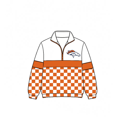 (Custom Design Preorder MOQ 5)  Teams Denver Broncos Plaid Print Kids & Adult Long Sleeve Zipper Pullover Jacket
