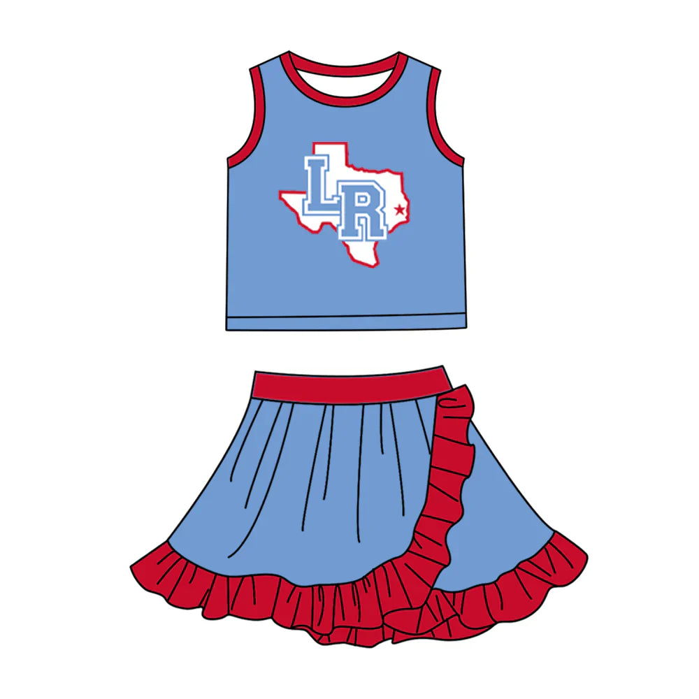 (Custom  Preorder MOQ 5) Baby Girls Light Blue LR Vest Top Ruffle Skirt Short Team Clothes Sets