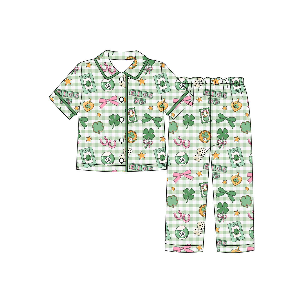 (Custom Design Preorder MOQ 5 Each)Lucky Rainbow Print Girls St Patrick Day Buttons Pajamas Clothes Set Sisters Wear