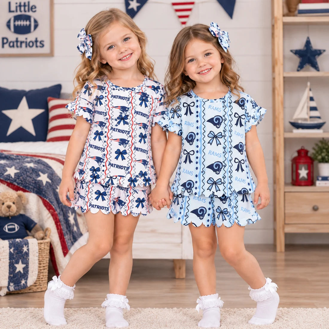Sibling Baby  Girls   Sport Team Short Sleeve with Scalloped Shorts Outfit