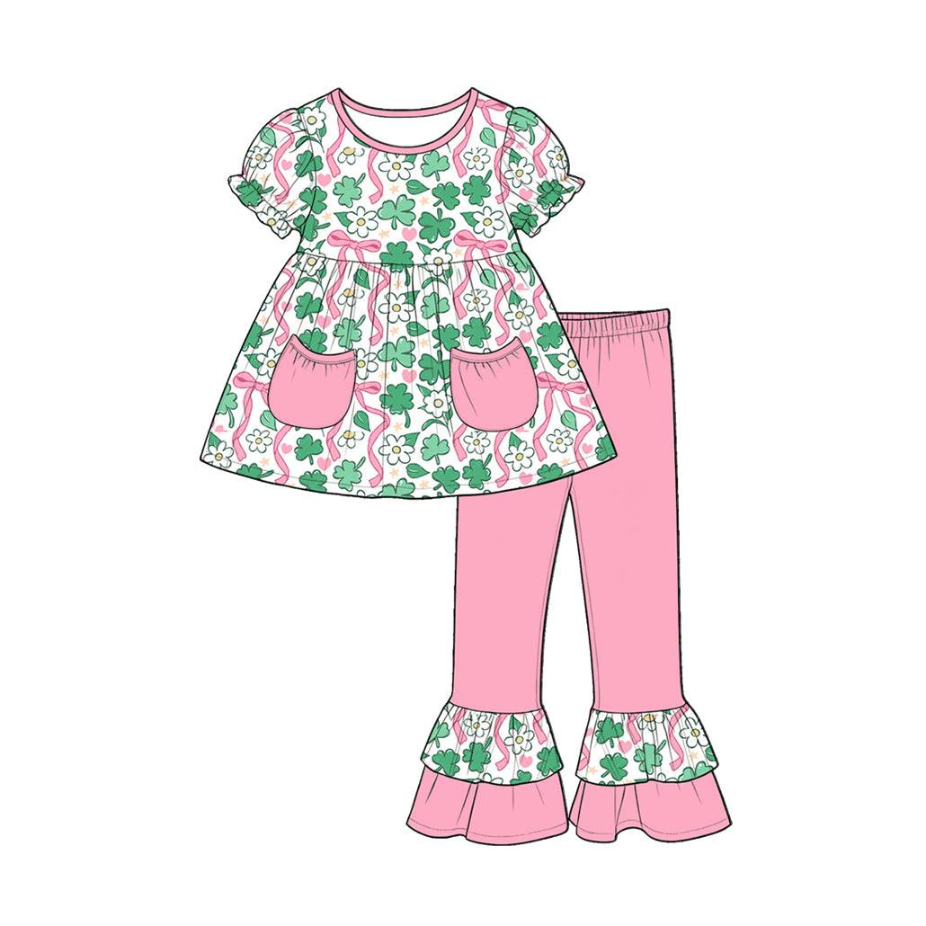 (Custom Design Preorder MOQ 5) 4 Leaf Clover Bows Pockets Tunic Top Ruffle Pants Girls St Patrick Day Clothes Set Sisters Wear