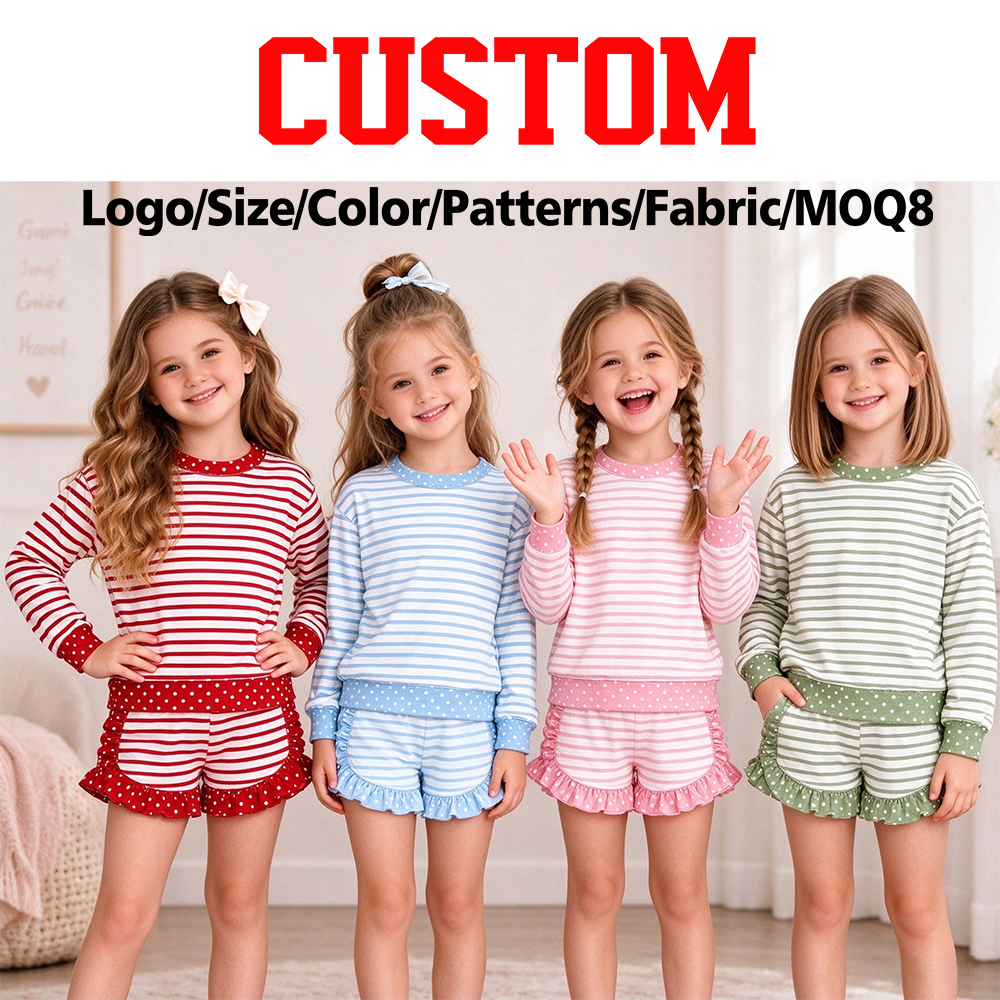 (Custom Design Preorder MOQ 5 Each) Stripes Long Sleeve Top Ruffle Shorts Girls Clothes Set Sisters Wear
