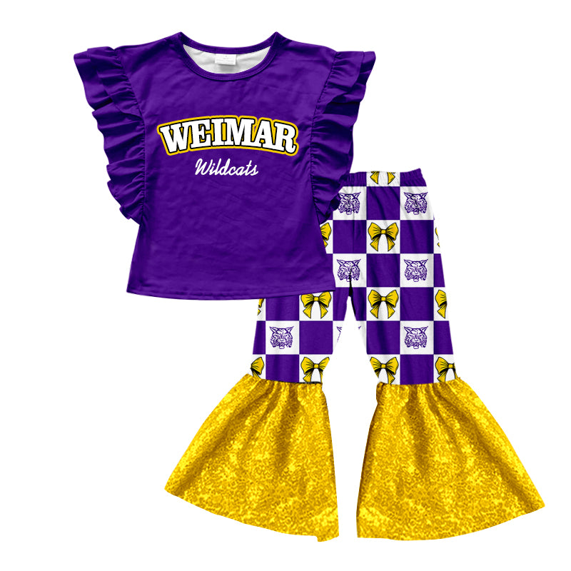 (Custom Design Preorder MOQ 5) Teams Weimar Wildcats Purple Top Sequin Bell Pants Girls Clothes Set