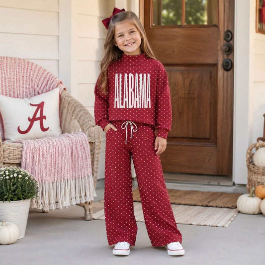 (Custom Design Preorder MOQ 5) Teams Alabama Mock Necks Top Pockets Pants Girls Clothes Set