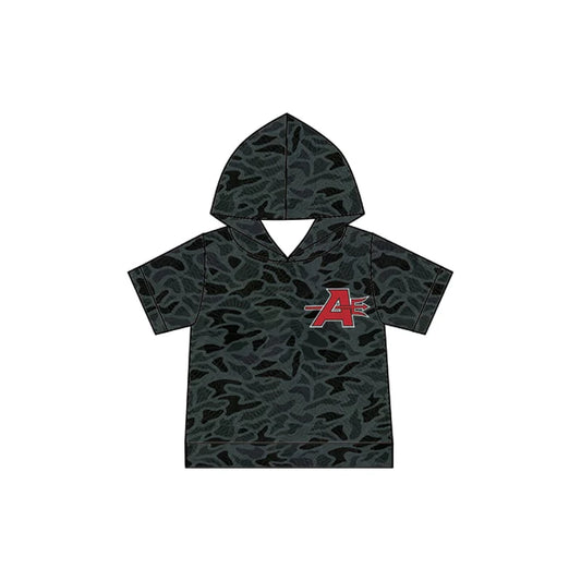 (Custom Design Preorder MOQ 5) Baby Boys Black Camo Red A Team Short Sleeve Hoodies Top