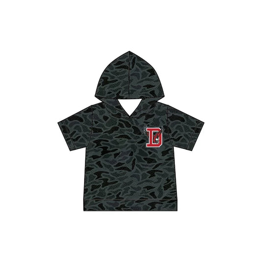 (Custom Design Preorder MOQ 5) Baby Boys Black Camo D Team Short Sleeve Hoodies Top