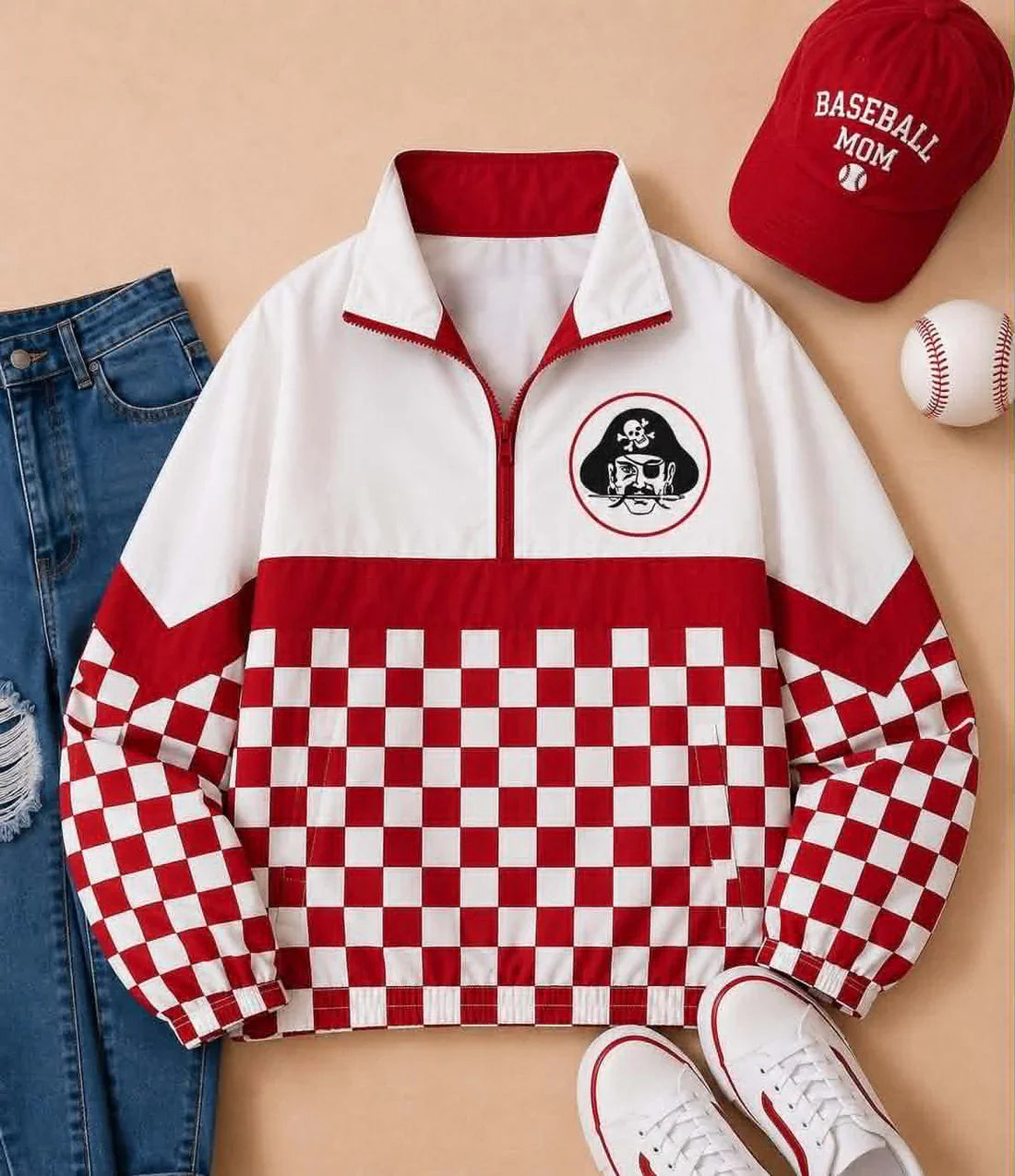 (Custom  Preorder MOQ 5) Baby Boys Long Sleeve Red Checked Hankinson Pirates Team Zip Pullovers Tops