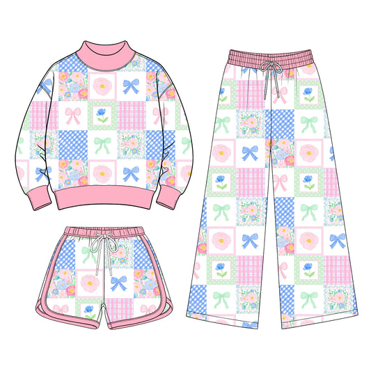 (Custom Design Preorder MOQ 5) Flowers Bows Checkered Print Mock Neck Top Shorts & Pants Girls 3pcs Clothes Set