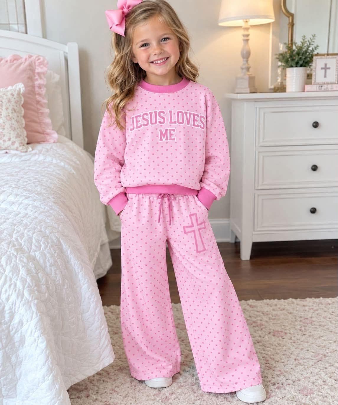 (Custom Design Preorder MOQ 5 Each) Baby Girls Jesus Loves Me Pink Polka Dot Outfit