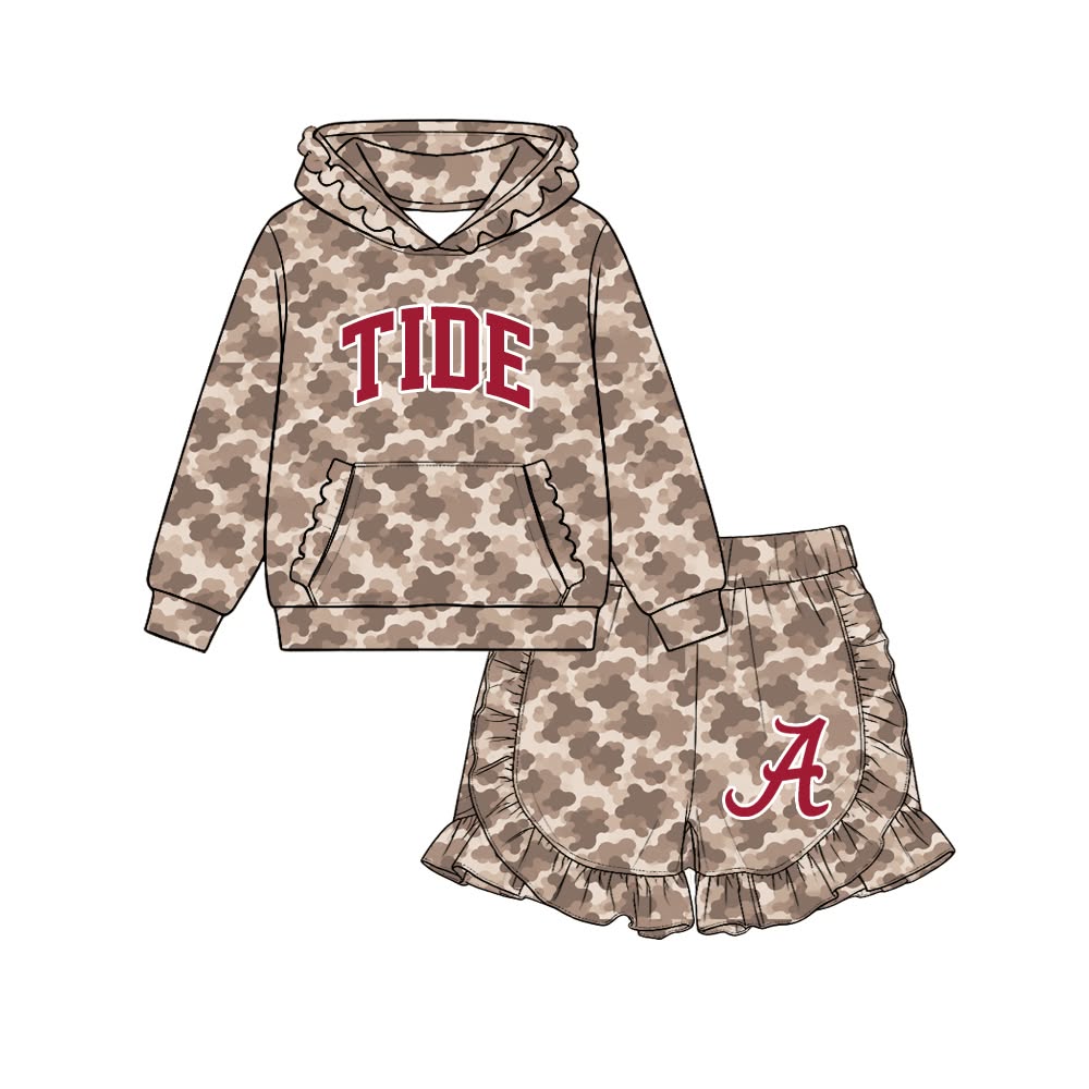(Custom Design Preorder MOQ 5 Each)Teams Alabama TIDE A Camo Print Long Sleeve Hoodie Top Shorts Girls Boys Clothes Set Sibling Wear