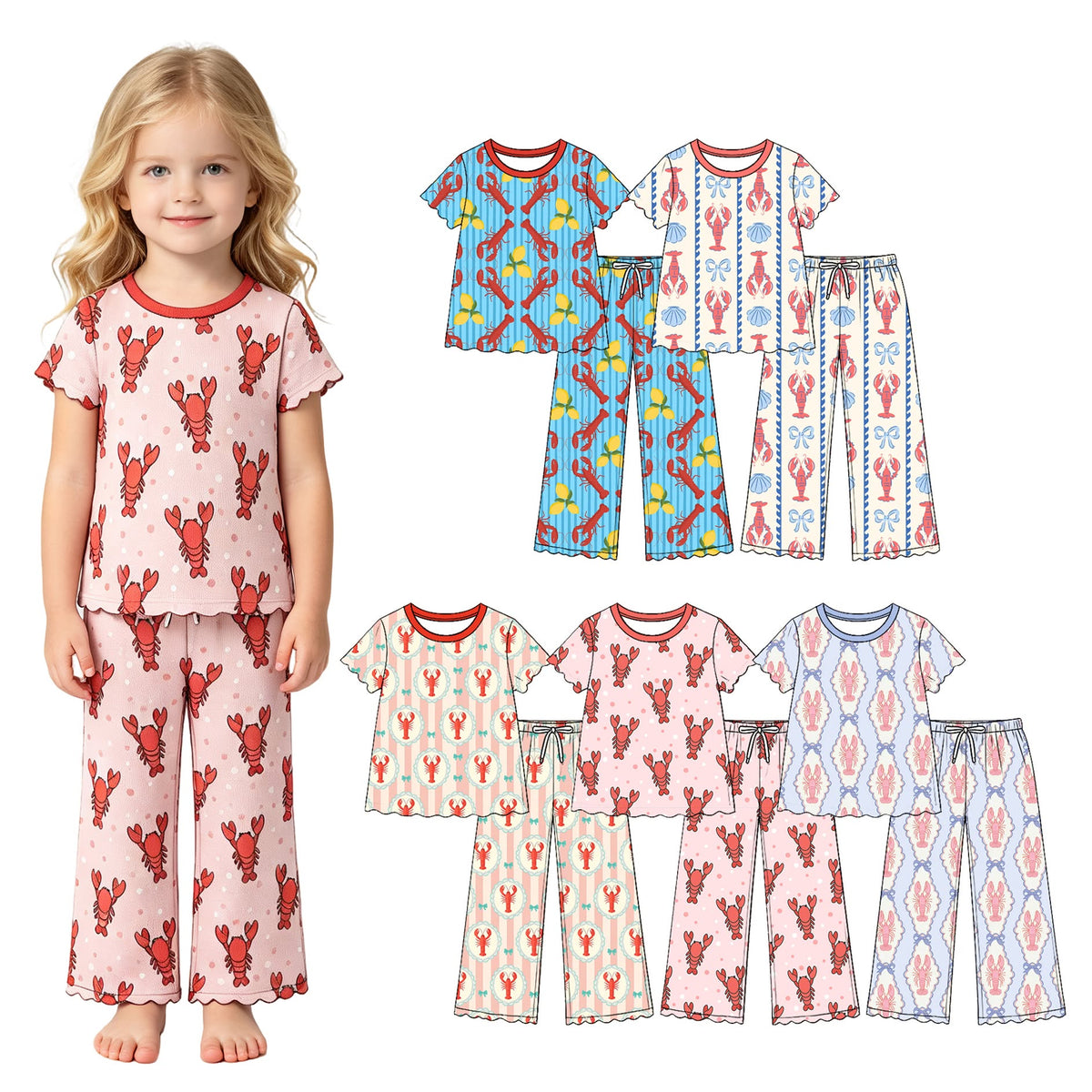 (Custom Design Preorder MOQ 5 Each)Crayfish Bows Print Short Sleeve Top Pants Girls Ruffle Clothes Set Sisters Wear